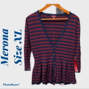 Merona XL Peplum Top Navy Burgundy stripe